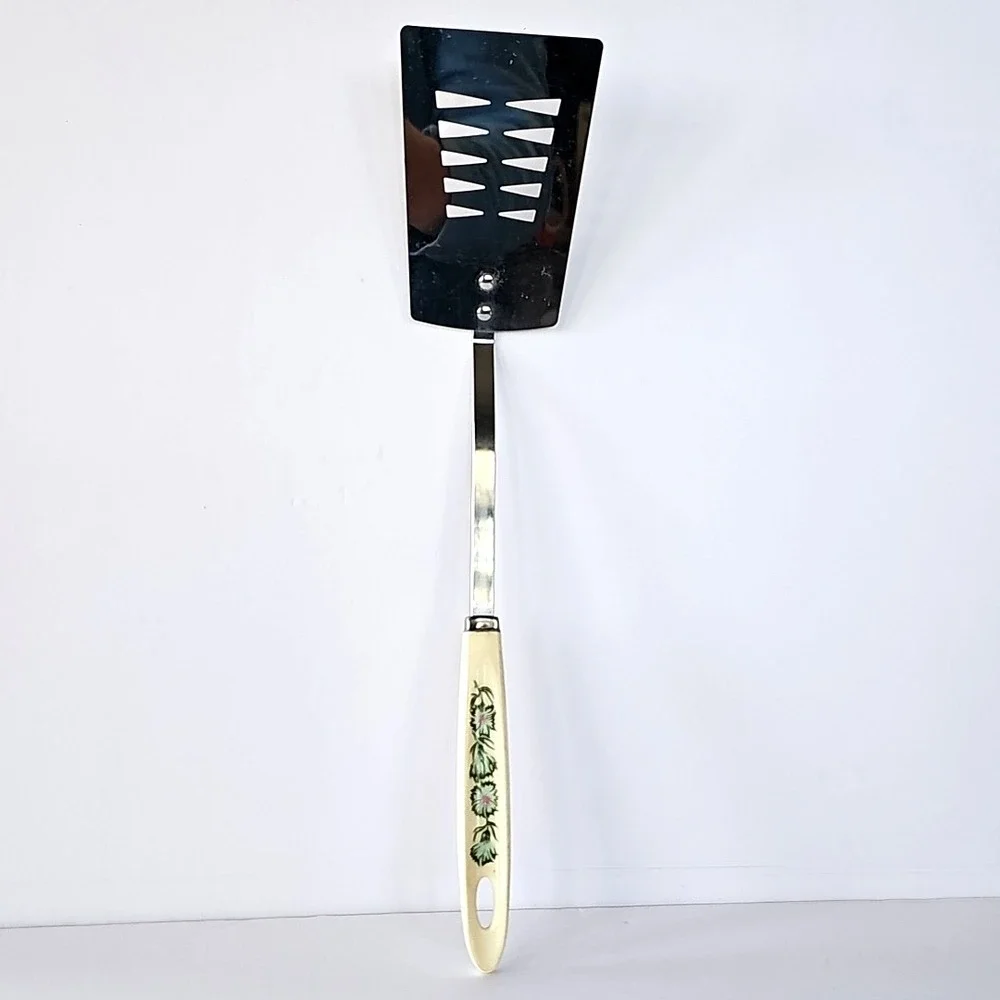 Vintage Androck Stainless Slotted Spatula Floral Handle Retro Kitchen Turner USA